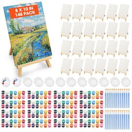 148 Pack Canvas and Easel Set for Party 8 x 10 In Canvas Boards for Painting with 12.2" Easels Brushes Paint Trays & Acrylic Paints Canvas Painting Kit for Kids Adults Teenagers Classroom Party Favors