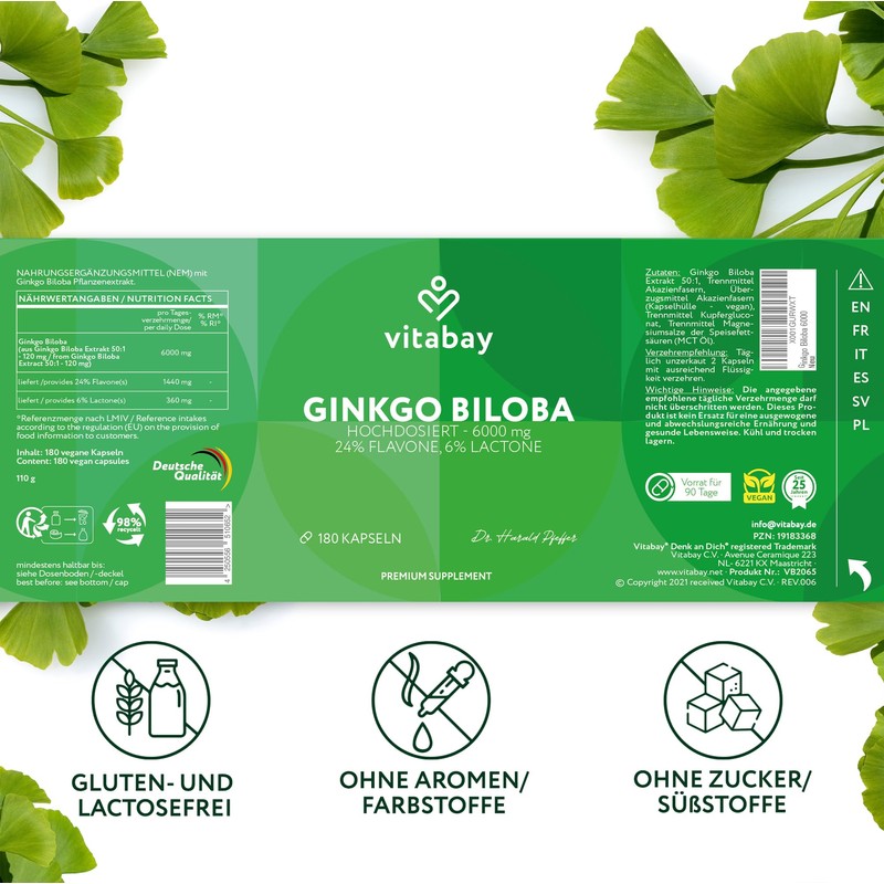 Vitabay Ginkgo Biloba 6000 mg, 365 tablets, time-optimised release, with