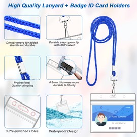 100Pcs Clear Plastic Horizontal Name Tag Badge ID Card Holders and 100Pcs Blue Neck Lanyards with Swivel Hook for School, Office, Business