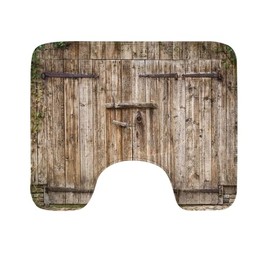 Ambesonne Rustic Toilet Mat, Old Oak Closed Garage Door with Steel Hinges Vintage Typical Cottage Doorway Image, Water-Resistant Quick Drying U-Shaped Contour Bathroom Rug, 20" x 16", Tortilla