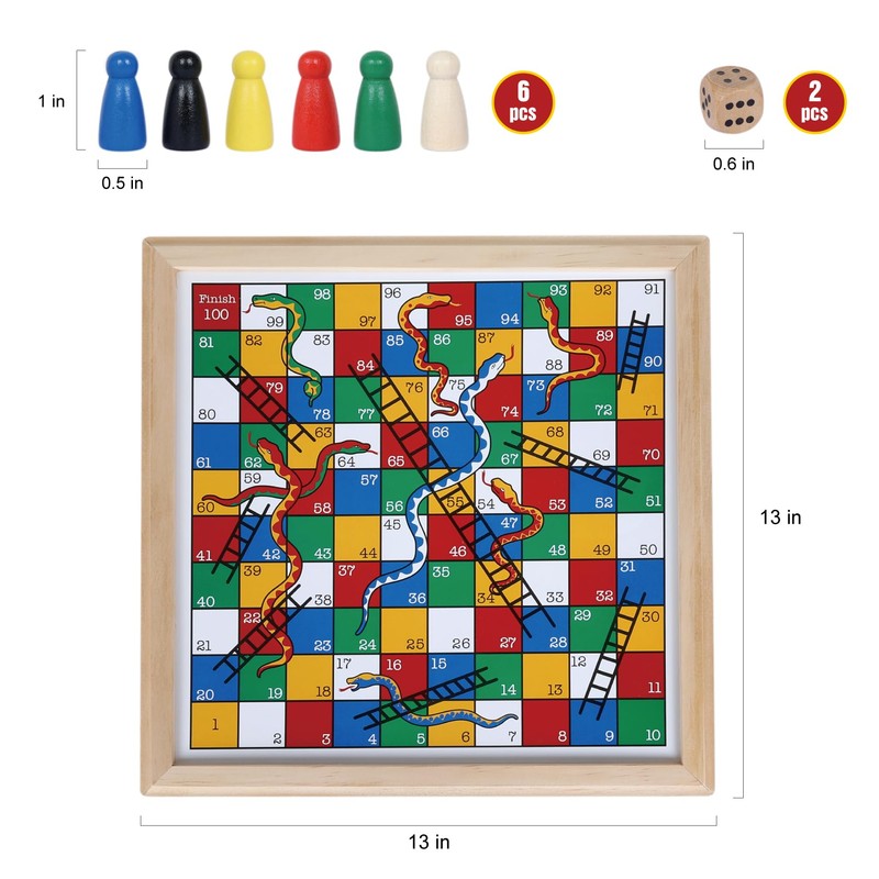Gothink Wooden Snakes and Ladders Game - 13 Inch Educational