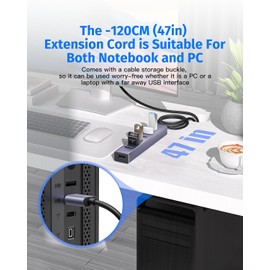 8 Ports Aluminum USB Multiport Hub with 7 USB 3.0 Data Ports Up to 5Gbps, USB 3.0 Splitter with USB C 5V/3A Power Port, 47IN/120CM Long Cable USB Hub, USB Extension for Laptop and PC