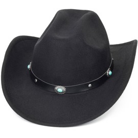 Black Western Cowboy Hat with Turquoise Band for Women Wide Brim Felt Cowgirl Caps Vintage Rode Fedora