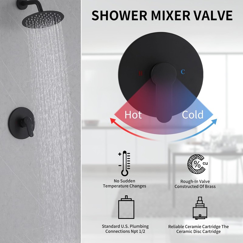 Matte Black Single Function Shower Valve Kit - Wall Mount