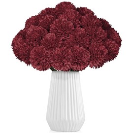 36 piezas de crisantemos artificiales de color burdeos, flores rojas falsas mamás flores de bola de seda para decoración de hogar de otoño, centro de mesa para boda, arreglos florales de