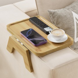 ZUJJAFY Couch Armrest Table, Bamboo Couch Arm Tray, Clip-On Sofa Arm Tray Table for Drink Eating Snacks Remote and Control