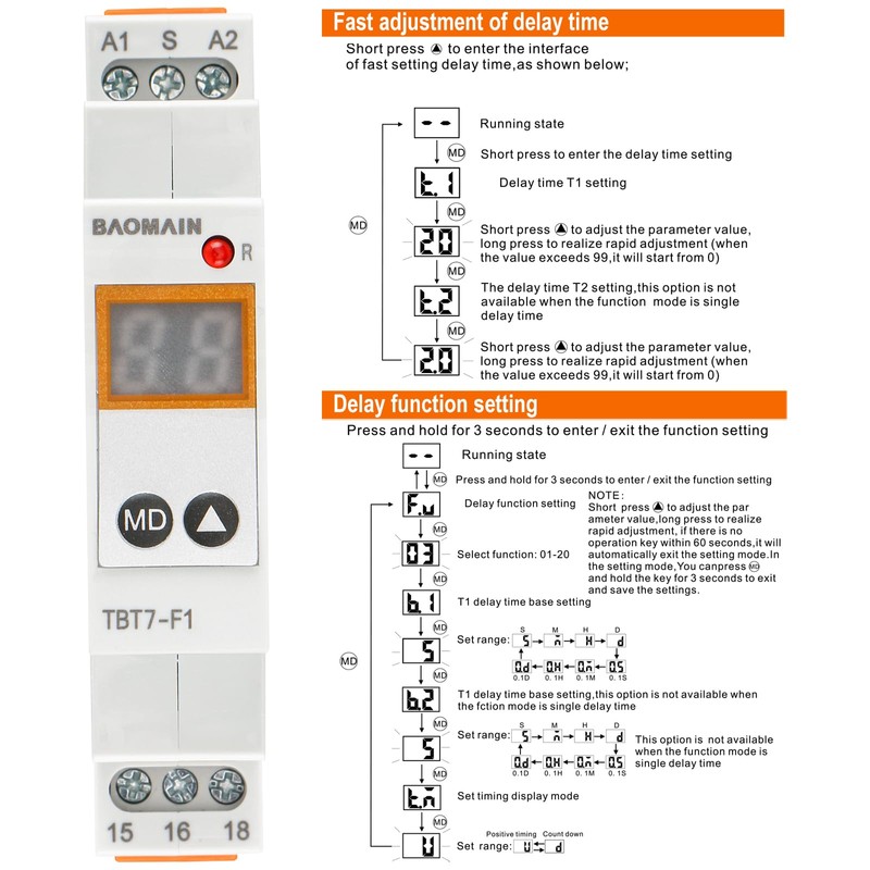 Baomain Digital Multi-Function Time Relay, 16A/250V 20-Delay Modes 0.1s~99d, DIN