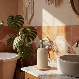 Lunestella Elegant Boho Beige Hand Soap Dispenser with Stainless Steel Pump, for Bathroom and Kitchen, Rust Proof, 7oz