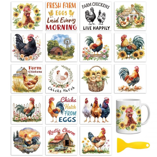 Peacoblue 18 Sheets Rub On Transfers for Crafts,Farm Chicken UV