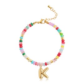 Colorful Initial Bracelets for Women, 18K Gold Colorful Plated Initial Letter Charm Bracelet, Bohemian Gold Beaded Bracelet A-Z Stackable Jewelry Gifts for Women (K)