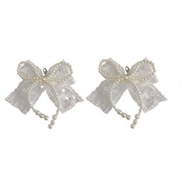 2Pcs Pearl Lace Bownot Shoe Charms for Sneakers, Beaded Pearl Lace Bow Shoe Charms with Clasp for Women Elegant Shoe Buckles Shoelaces Clips for Wedding Shoes Decor Gift (White Pearl, One Size)