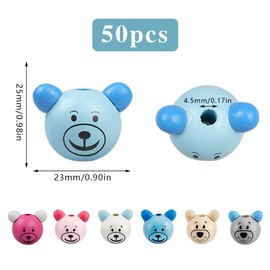 milaosk 50 Pcs Bear Head Wooden Beads,Colorful Smiley Wooden Beads Large Round Natural Wood Beads with Holes 25mm for DIY Crafts Bracelet Jewelry Making
