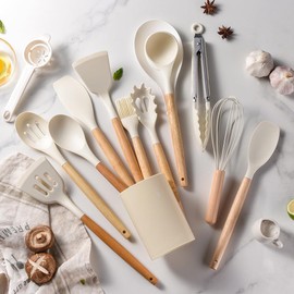 34pcs Kitchen Silicone Cookware Set, Silicone Cooking Kitchen Utensils Set with 10 Hooks, Egg Beaters, Food Holders, Spoons Cooking Tools, Stirring Kitchen Tools for Nonstick Cookware (White)