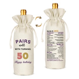 TBITON 50th Birthday Wine Bag,50th Birthday Gift for Women Men,50 Years Old Birthday Party Decoration Gifts, Happy Birthday Decor Wine Bag - Cotton linen drawstring wine bags (Beige-50th)