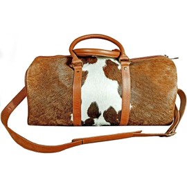 Real Cowhide Leather Duffel Bag Cow skin Hairon Leather Exotic Travel Sports Bag Large Size Gym Bag Overnight Bag Choose your Color (Tricolor)