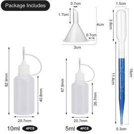Needle Bottle, 10 ml Dosing Bottle, Pack of 8 Dosing Bottles, Applicator Bottle with 2 Funnels & 2 Pipettes Needle Tip, Glue Bottle Tip, Needle Bottles, Small Squeeze Bottle with Tip