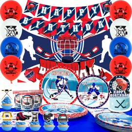 Hockey Party Decorations, 20 Guests Pcs Party Decorations tableware - Balloons Backdrop Plates Napkins Tablecloth etc Ice Hockey Birthday Party Supplies
