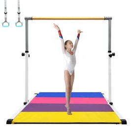 XDEMODA The Latest Model Gymnastics Bar for Kids Ages 3-15 for Home, Anti-Slip, Easy to Assemble, 35” to 55” Adjustable Height Gymnastic Horizontal Bars Equipment (Gym bar with mat, White)