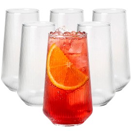 Greentainer Borosilicate Drinking Glasses Set of 6, 16 oz Clear Ribbed Highball Tumblers, Tall Glass Water Cups for Cocktail, Mojito & Long Drink, Dishwasher Safe Kitchen Drinkware & Bar Glassware