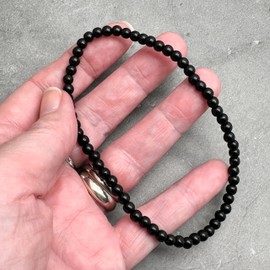 Black Glass Bead Anklet on Elastic - Handmade Minimalistic Plain Design : Small/Medium 9.5 inches - 4mm Beads