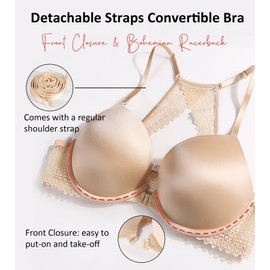 Lemorosy Women's Push Up Bra with Underwire Front Lockable V-Neck Deep Large Sizes Padded with Bohemian Back Multiway Straps, beige, 80D