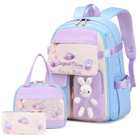 FIXITOK Girls Backpack Set, 3PCS Kids Backpack for Girls, Cute Bunny School Backpack for Girls Kids Teen Kindergarten Elementary Preschool Middle School Bags with Lunch Box Pencil Case Blue