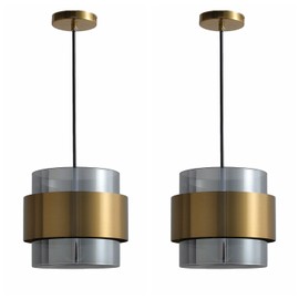MINS Familio Modern Decor Adjustable Pendant Lamp Island, Cylinder Glass Shade Gold Ring 1-Light Indoor Ceiling Hanging Light for Dining Room Shop Restaurant (Smoke Grey, Cord Hang, 2-Pack)