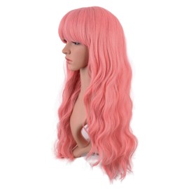 MapofBeauty 26 Inch/65 cm Long Wavy Flat Bangs Synthetic fiber Curly Party Cosplay Wig (Light Pink)