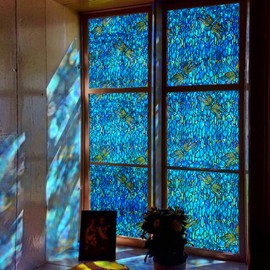 Flortlias Static Cling Window Film, Stained Glass Window Film Decorative Double-Sided Hand-Drawn Door Window Clings for Home Office Living Room, Blue Dragonfly, 22.83" Wide