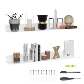 Sezanrpt 36 Inch White Floating Shelves for Wall Décor, Acrylic Storage Wall Shelf Holder, Wall Mounted Home Organizer Shelves with a Free Screwdriver, 2 Pack