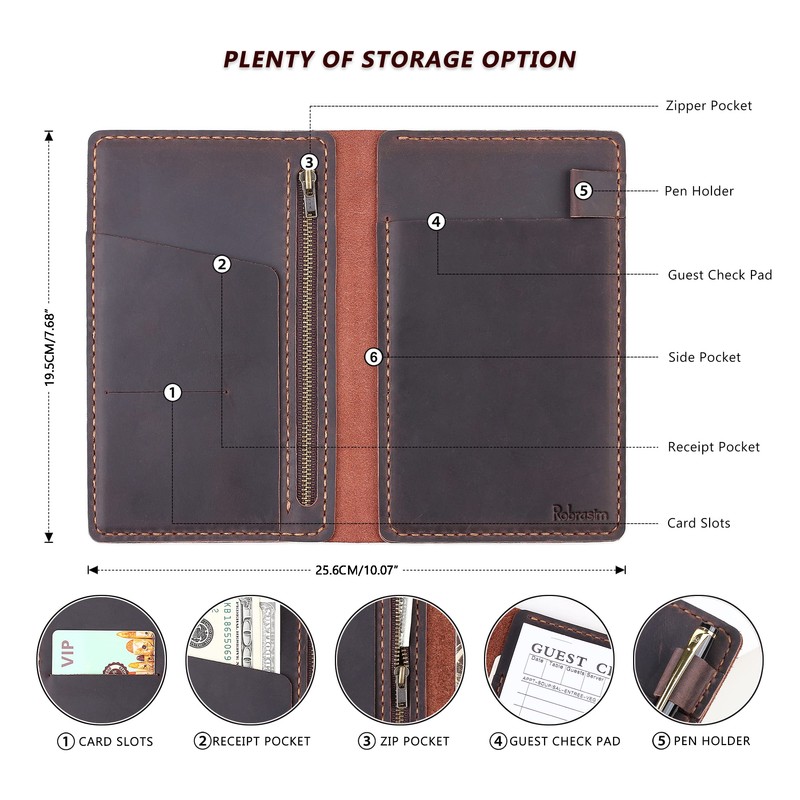 Server Book Organizer with Zipper Pocket, Genuine Leather Restaurant Guest