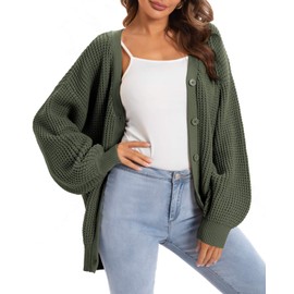QUALFORT Women's Cardigan Sweater 100% Cotton Button-Down Long Sleeve Oversized Knit Cardigans Green Large