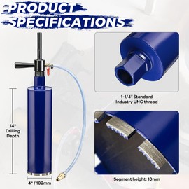 DaduoRi 4" Pro Core Drill Bit with SDS Max Water Injection Adapter (1-1/4"-7 UNC),14" Depth & Upgraded-Welded Wet Core Bits for Concrete with Rebar,Brick,Masonry,Stucco,Mortar (Include Water Hose Kit)