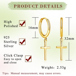 Deyanse Hoop Earrings Hanging for Women, 925 Sterling Silver Small Round Hoop Earrings, Hypoallergenic Heart Cross Star Pendant Drop Earrings, Dangle Dangle Hoop Earrings with Gift Box, Yellow Gold,