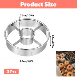 3Pcs Stainless Steel Donut Cutter, Multi Purpose Doughnut Cutter with Center, 3.86 Inch Donut Hole Cutters, Baking Tools for Mousse Bagels Cookie Biscuits