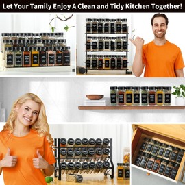 JARXSUN 48 Glass Spice Jars with Label-4oz Spice Containers with Black Lids and Shaker Lids,3 Sets of Spice Labels 1 Collapsible Funnel 2 Erasable Markers (48, Black)