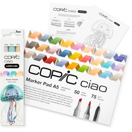 Copic Ciao LAYER & MIX Starter Set Pastel, Marker Set with 3 Different Colours, Marker Paper and Drawing Template for Tracing, Includes Getting to Know Exercise Sheet