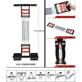 HighTech Go 3 in 1 Exerciser - Chest Expander, Hand Grip Strengthener, Pedal Pull Rope Band Home Fitness Equipment with 5 Metal Spring for Finger Abdomen Waist Arm Stretching Slimming Training, Black