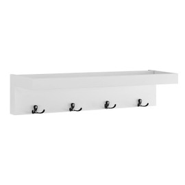 Danya B Wall Mounted Entryway Floating Coat Rack with Four Hanging Hooks and Decorative Ledge Shelf - Great for Entryways, Hallways, Bedrooms, Kitchens, and Bathrooms - White