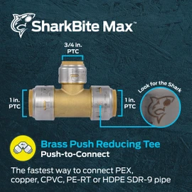 SharkBite Max 1 Inch x 1 Inch x 3/4 Inch Reducing Tee, Push To Connect, PEX Pipe, Copper, CPVC, PE-RT, HDPE, UR416A