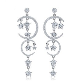 Hasnsofie Earrings Silver 925, Star & Moon Stud Earrings with Long Pendant, Chandelier Earrings Hanging with White Zirconia Elements Crystal, Beautiful Winter Gift for Mother, Girlfriend, Wife,