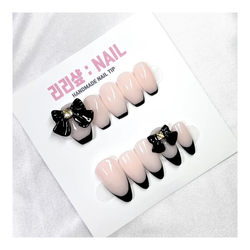 Black Ribbon Luxury Handmade Nail Tips - Oval / 블랙
