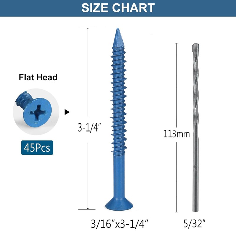 VGBUY 3/16 x 3-1/4 Inch 45Pcs Flat Head Concrete Screws,