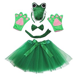 Petitebelle Cutie Headband Bowtie Tail Gloves Tutu 5pc Girl Costume 1-5y (3D Green Crocodile)