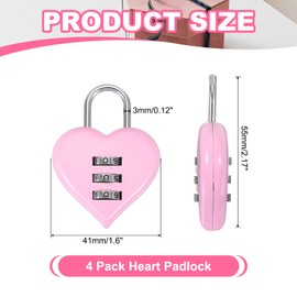 MECCANIXITY Combination Locks, Heart Shape 3 Digit Password Padlock Love Locker Lock for Jewelry Storage Box Diary Gym Outdoor Fence Gate Hasp Cabinet Storage, Pink, Pack of 4