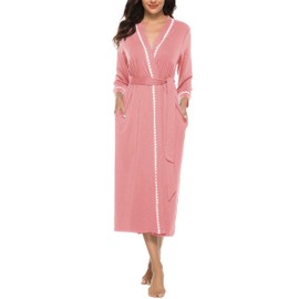 Vlazom Womens Dressing Gown Soft Kimono Robe V-Neck Long Knit Bathrobe Nightwear Sleepwear for All Seasons, Rose Pink, M