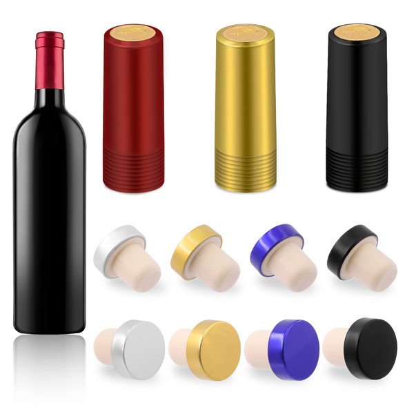 Glarks Set di 54 tappi per bottiglie di vino in sughero e capsule termoretraibili in PVC, 4 colori a forma di T e 3 colori tappi termoretraibili per bottiglie di vino, bottiglie di birra e decorazioni
