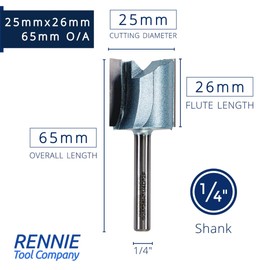 Rennie Tools - 25mm Cutting Diameter x 26mm Flute x 1/4" Shank TCT Tipped 2 Flute Straight Router Cutter Bit. Compatible With Makita Bosch Trend Katsu Dewalt Router Etc. 25mm Router Bit