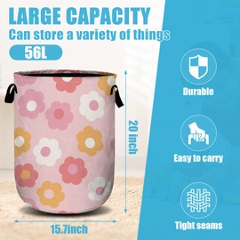 Retro Pink Flower Laundry Basket, Laundry Hamper Collapsible Oxford Cloth with Handle Clothes Toy Storage Bin for Bathroom Laundry Room Bedroom 15.7 X 20 Inch