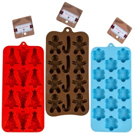 Holiday Silicone Ice Cube Tray, Candy Molds in 3 Assorted Trays: Red Christmas Tree, Powder Blue Snowflake, Dark Brown Gingerbread Man and Candy Cane
